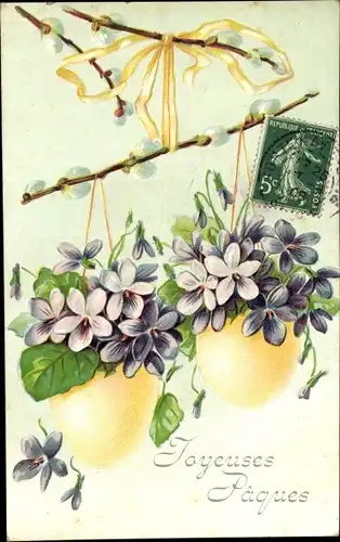 Präge Ak Glückwunsch Ostern, Veilchen in Ostereiern, Weidenkätzchen