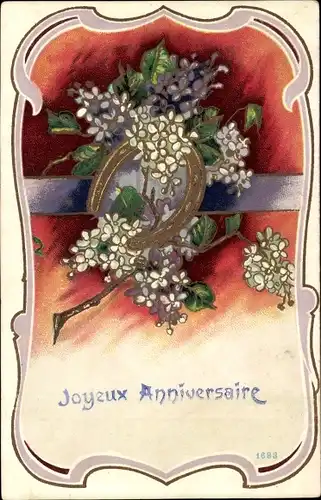 Präge Passepartout Ak Joyeux Anniversaire, Blumen, Hufeisen