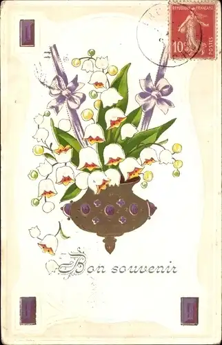 Präge Ak Bon Souvenir, Maiglöckchen, Schleifen, Kitsch