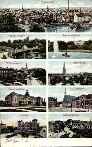Ak Zwickau in Sachsen, Bahnhof, Ingenieurschule, Hauptmarkt, Albertplatz, Wilhelmplatz, Schloss