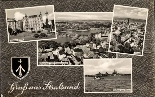 Ak Stralsund in Vorpommern, Altstadt, Einfahrt zum Hafen, Knieperteich und Kniepervorstadt, Wappen