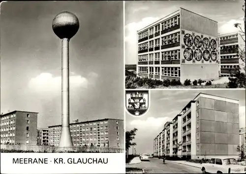 Ak Meerane in Sachsen, Neubausiedlung mit Wasserturm, Schulgebäude, Wappen