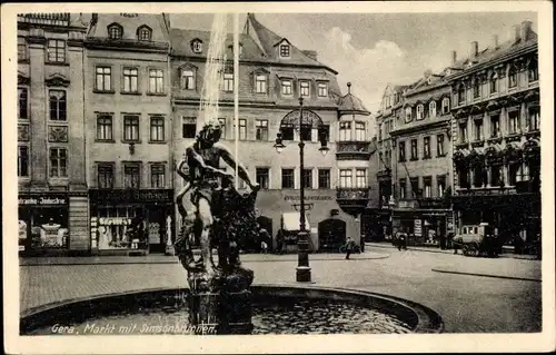 Ak Gera in Thüringen, Markt mit Simsonbrunnen, Geschäfte