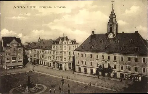 Ak Annaberg Buchholz im Erzgebirge, Markt, Rathaus, Brunnen
