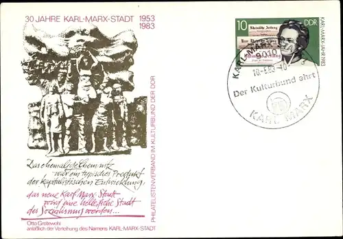 Ak Karl Marx Stadt Chemnitz in Sachsen, 30. Jubiläum 1953-1983, Zitat Otto Grotewohl