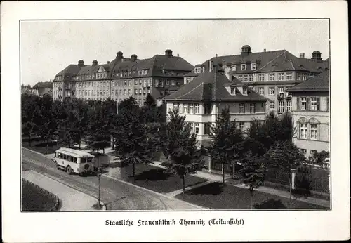 Ak Chemnitz Sachsen, Staatliche Frauenklinik, Teilansicht von der Straße, Bus