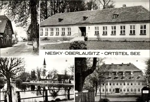 Ak  See Niesky in der Oberlausitz, Genesungsheim Heideland, Kindergarten, Dorfteich