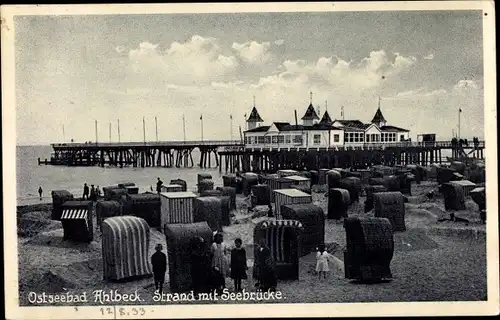 Ak Ostseebad Ahlbeck Usedom, Strand mit Seebrücke