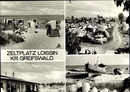 Ak Loissin in Vorpommern, Zeltplatz, Strandpartie, Strandkorb, Boote