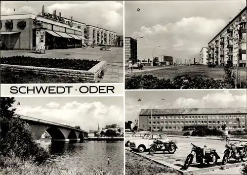 Ak Schwedt an der Oder, Kaufhalle Marchlewskiring, Oderbrücke