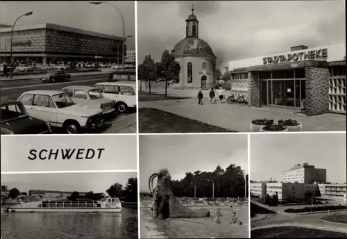 Ak Schwedt an der Oder, Stadtapotheke, Plansche, Schiff, Einkaufzentrum