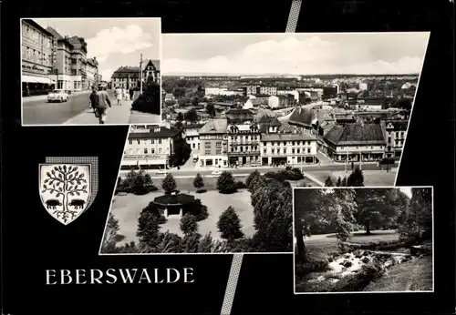 Ak Eberswalde im Kreis Barnim, Ortsansicht, Park, Straßenpartie, Wappen