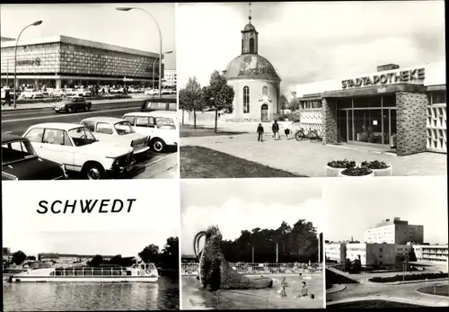 Ak Schwedt an der Oder, Stadtapotheke, Plansche, Schiff, centrum Warenhaus