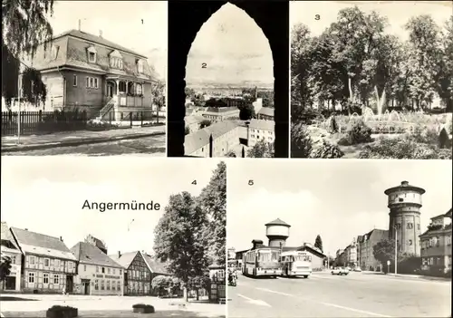 Ak Angermünde Uckermark, Kreispoliklinik, HO Gaststätte Haus Uckermark, Bushalteplatz, Wasserturm