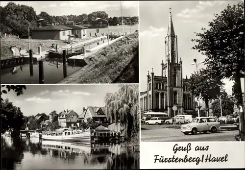 Ak Fürstenberg an der Havel, Schleuse, Kirche, Schiff