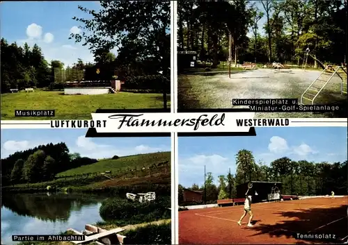 Ak Flammersfeld im Westerwald, Musikplatz, Kinderspielplatz, Tennisplatz, Partie am Ahlbachtal