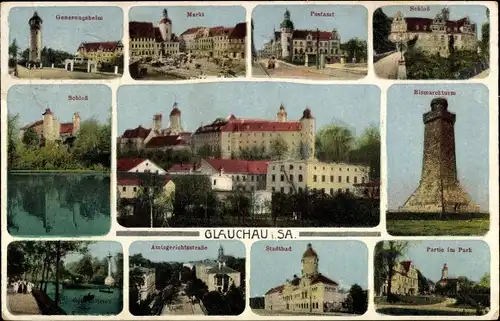 Ak Glauchau in Sachsen, Bismarckturm, Schloss, Postamt, Schloss, Markt