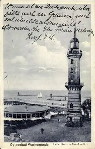 Ak Ostseebad Warnemünde Rostock, Leuchtturm, Tee-Pavillon