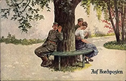 Künstler Ak Thiele, Arthur, Auf Horchposten, Soldat mit junger Frau