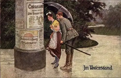 Künstler Ak Thiele, Arthur, Im Unterstand, Soldat mit Frau unter Regenschirm, Litfaßsäule