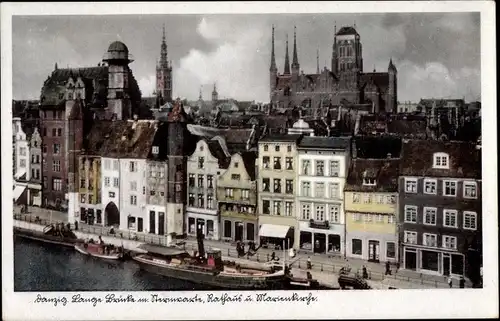 Ak Gdańsk Danzig, Lange Brücke, Sternwarte, Rathaus, Marienkirche