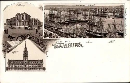 Litho Hamburg St. Pauli, Börse, Rathaus, Hafen, Segelschiffe