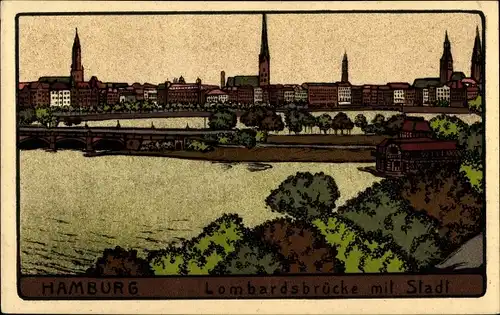 Steindruck Ak Hamburg Mitte Altstadt, Lombardsbrücke mit Stadt