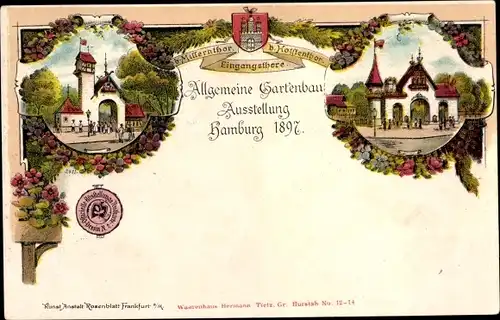 Litho Hamburg, Allgemeine Gartenbauaustellung, 1897, Eingangstore