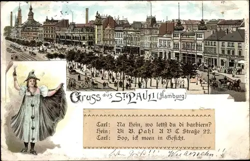 Litho Hamburg St. Pauli, Straßenpartie mit Kutschen und Passanten, Frau im Kostüm mit Sektglas