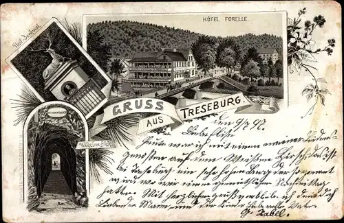 Litho Treseburg Thale im Harz, Hotel Forelle, Inh. R. Palmie, Pfeil Denkmal, Wilhelms Blick