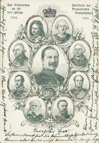 Glitzer Litho 200 Jahrfeier des Preußischen Königshauses 1901, Wilhelm II, Friedrich III
