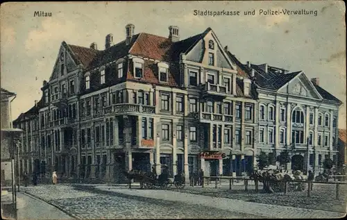 Ak Jelgava Mitau Lettland, Stadtsparkasse und Polizei Verwaltung