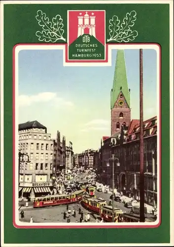 Ak Hamburg Mitte Altstadt, Deutsches Turnfest 1953, Verkehr am Rathaus, Straßenbahnen