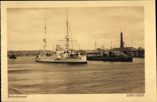 Ak IJmuiden Ymuiden Velsen Nordholland, Buitenkanal, Leuchtturm, Kriegsschiff