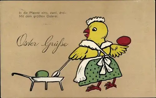 Ak Glückwunsch Ostern, Vermenschlichtes Küken brät Eier