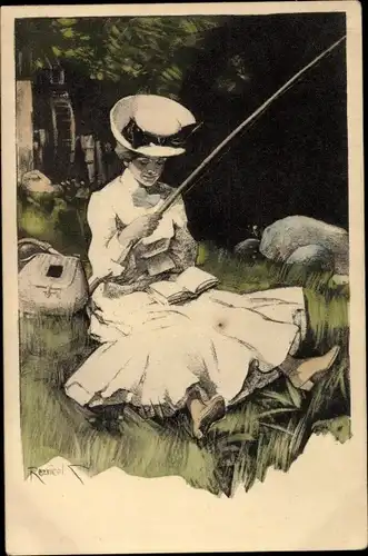 Künstler Ak Reznicek, Ferdinand von, Frau beim Angeln, Buch, Simplicissimus II 4