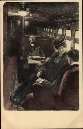 Künstler Ak Reznicek, Ferdinand von, Personen in einem Bahnabteil, Simplicissimus II 6
