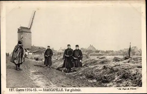 Ak Ramscapelle Westflandern, Vue Generale, Zerstörte Windmühle