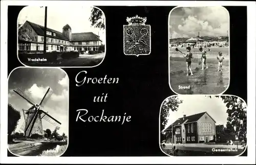 Ak Rockanje Südholland Niederlande, Molen, Gemeentehuis, Strand, Wappen