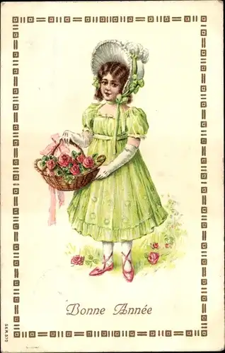 Präge Ak Glückwunsch Neujahr, Mädchen in grünem Kleid, Rosen, Korb