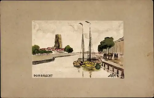 Künstler Passepartout Ak Dordrecht Südholland Niederlande, Teilansicht, Boote