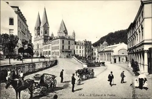 Ak Spa Wallonien Lüttich Belgien, L'eglise et le Pouhon, Kutschen, Kirche