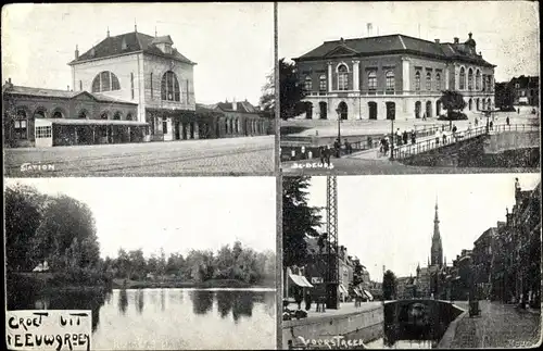 Ak Leeuwarden Friesland Niederlande, Bahnhof, Brücke, Börse, Seeblick