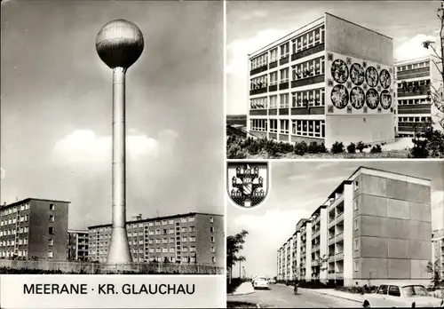 Ak Meerane in Sachsen, Neubausiedlung mit Wasserturm, Schulgebäude, Wappen