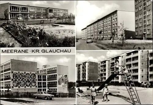 Ak Meerane in Sachsen, Wohnsiedlung, Hochhäuser, Spielplatz, Schule, Kindergarten