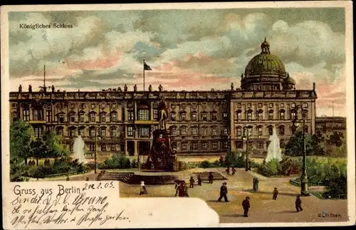 Künstler Litho Berlin Mitte, Königliches Schloss, Statue, Fontäne