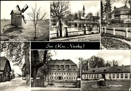 Ak See Niesky in der Oberlausitz, Kleine Windmühle, Oberschule, Kindergarten, Sanatorium Heideland
