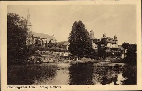 Ak Gimborn Marienheide, Blick zum Schloss, Kirche, Wasserpartie