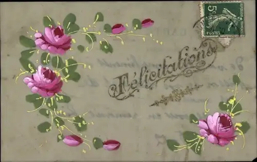 Zelluloid Ak Felicitations, Rosen, Kitsch