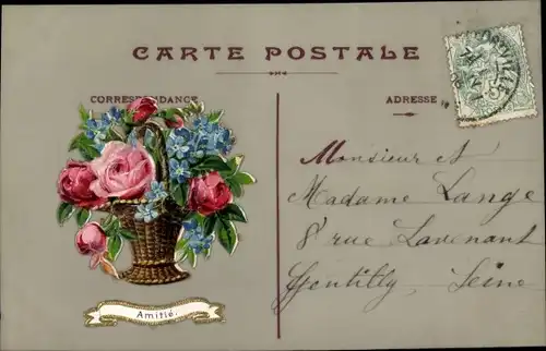 Zelluloid Ak Amitie, Blumenkorb, Rosen, Vergissmeinnicht
